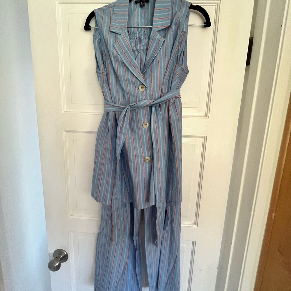 Nobody’s child Light Blue Striped Sleeveless Button Dress with Belt